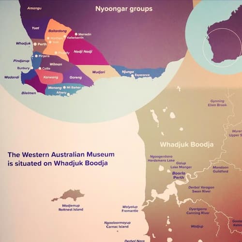 Map of the Whadjuk Boodja south-western Aboriginal country in Western Australia. Taken at WA Museum Boola Bardip, 2021.