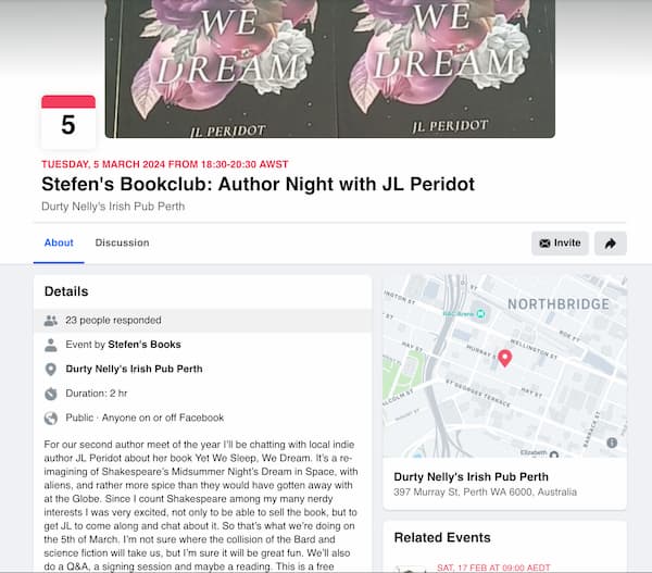 Tuesday, 5 March 2024 from 18:30–20:30 AWST Stefen’s Bookclub: Author Night with JL Peridot, Durty Nelly’s Irish Pub Perth
